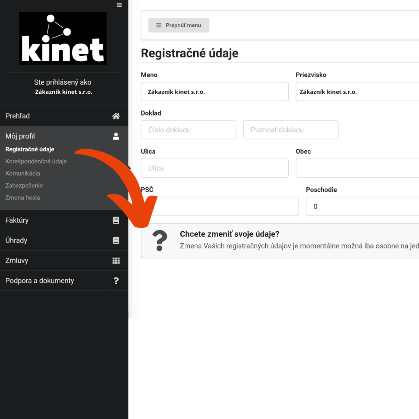 klientsky portal kinet zmena udajov